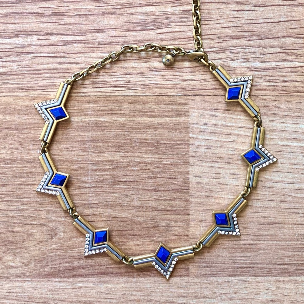 Art Deco J. Crew brass and blue necklace - 14 in to 20in - classy!